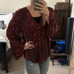 Lucky Brand Peasant Top Bell Sleeve Embroidered Shoulder, Size L, NWT